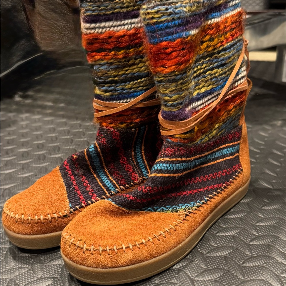TOMS Orange Suede Ankle Booties with Multicolor Knit Accents